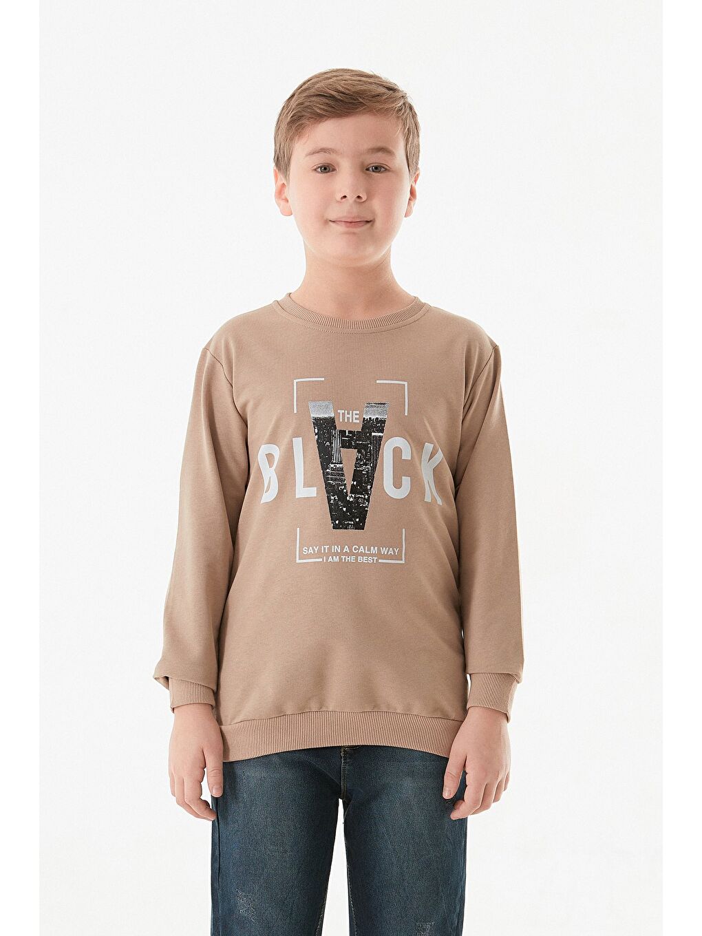 Bej Baskılı Bisiklet Yaka Erkek Çocuk Sweatshirt