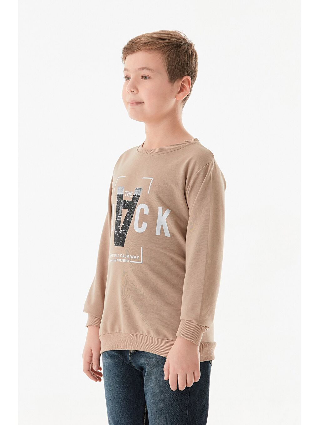 Bej Baskılı Bisiklet Yaka Erkek Çocuk Sweatshirt-1