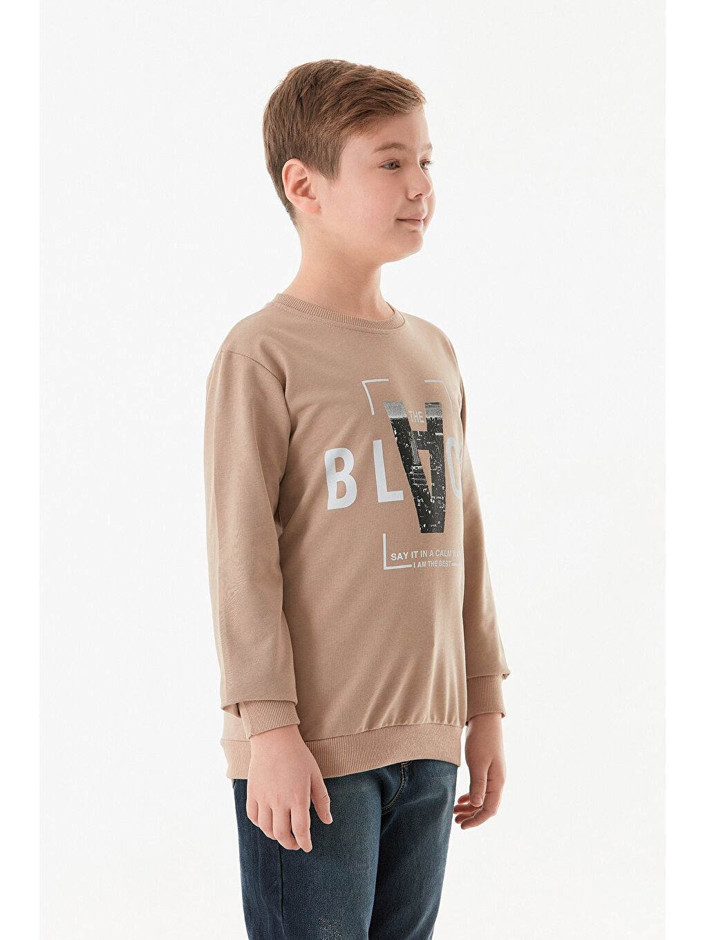 Bej Baskılı Bisiklet Yaka Erkek Çocuk Sweatshirt-3