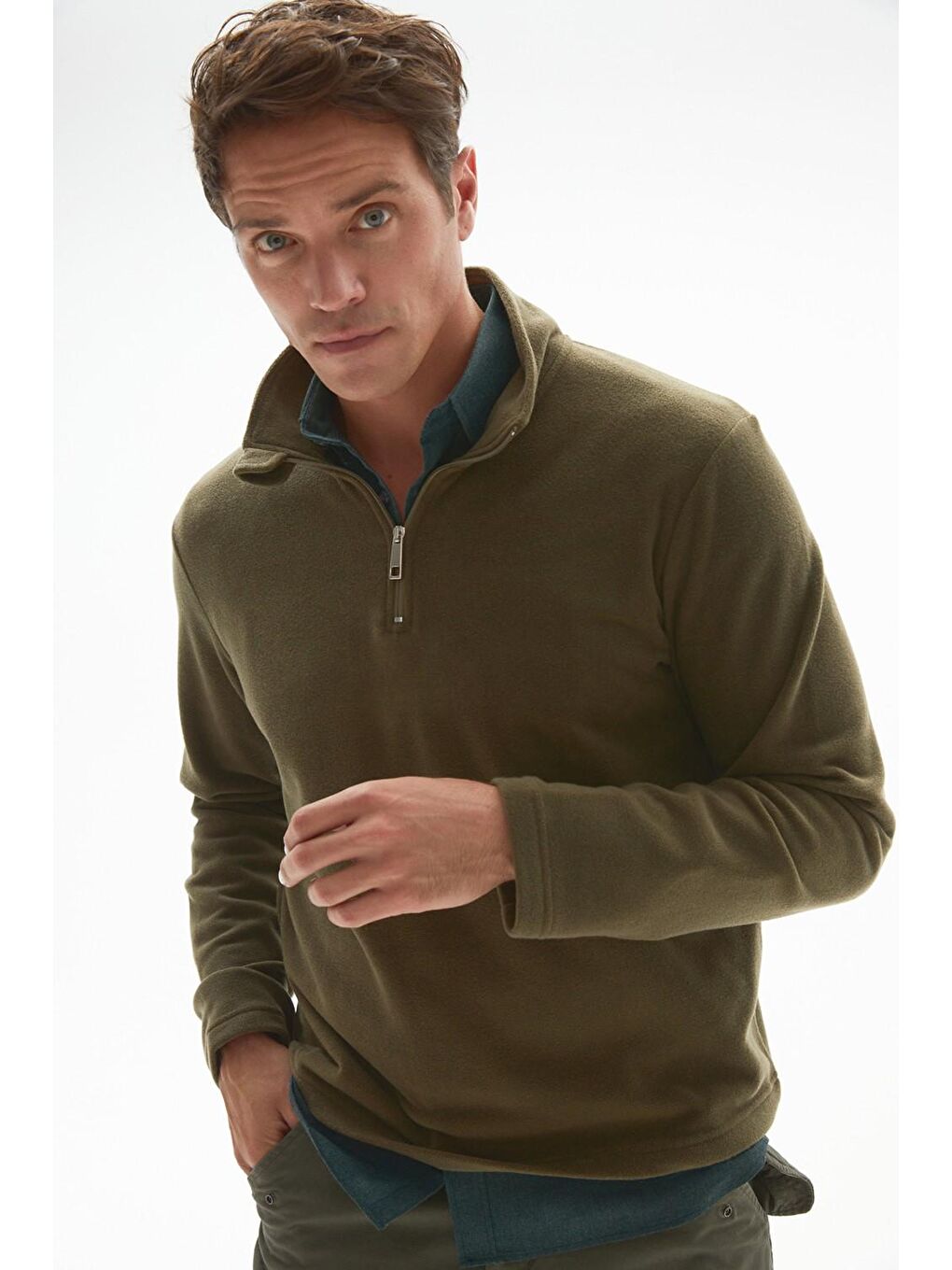 Haki Yarım Fermuarlı Uzun Kollu Polar Erkek Sweatshirt