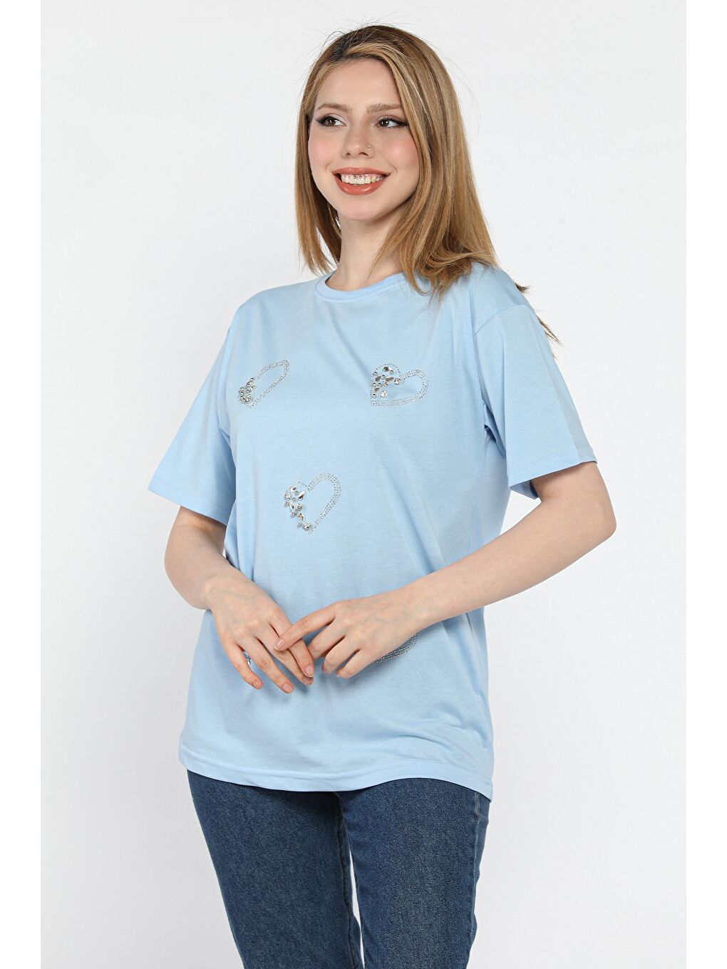 Mavi Kalpli Taş Detaylı Kadın Tişört-1