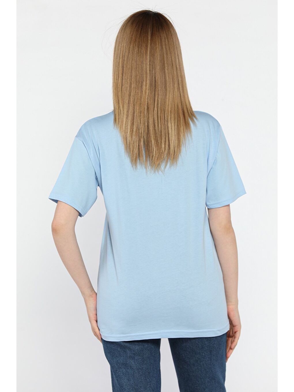 Mavi Kalpli Taş Detaylı Kadın Tişört-2