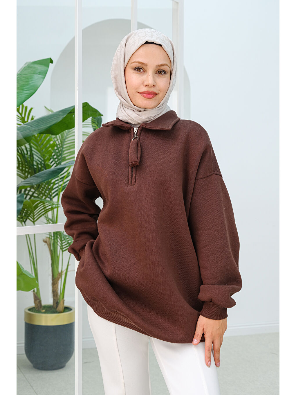 Locco Moda Yarım Fermuar Detay  Sweatshirt Kahverengi