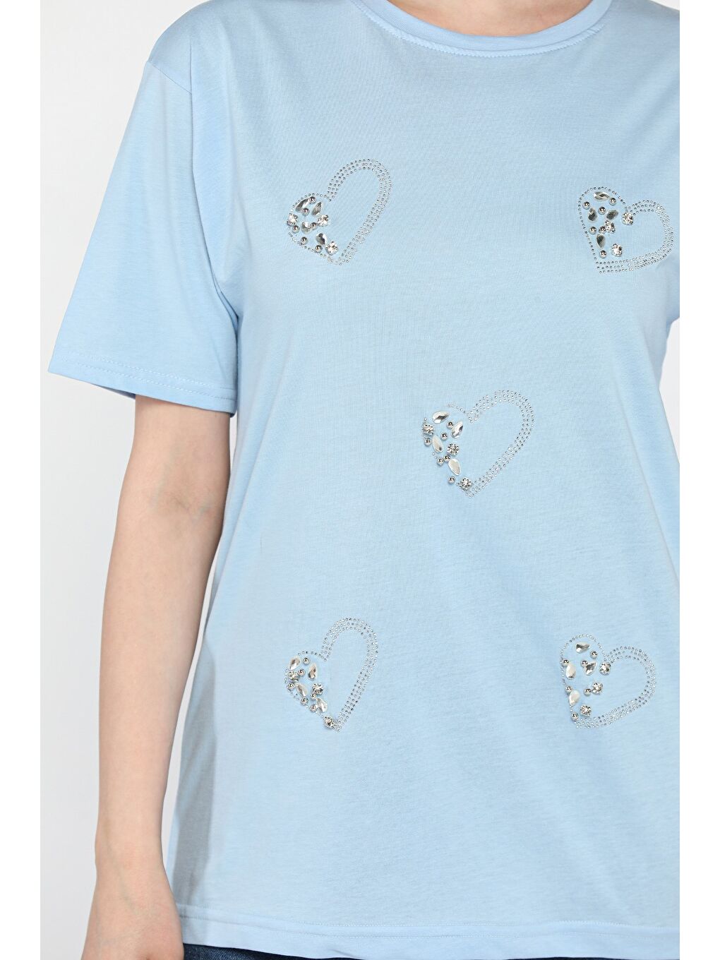 Mavi Kalpli Taş Detaylı Kadın Tişört-3