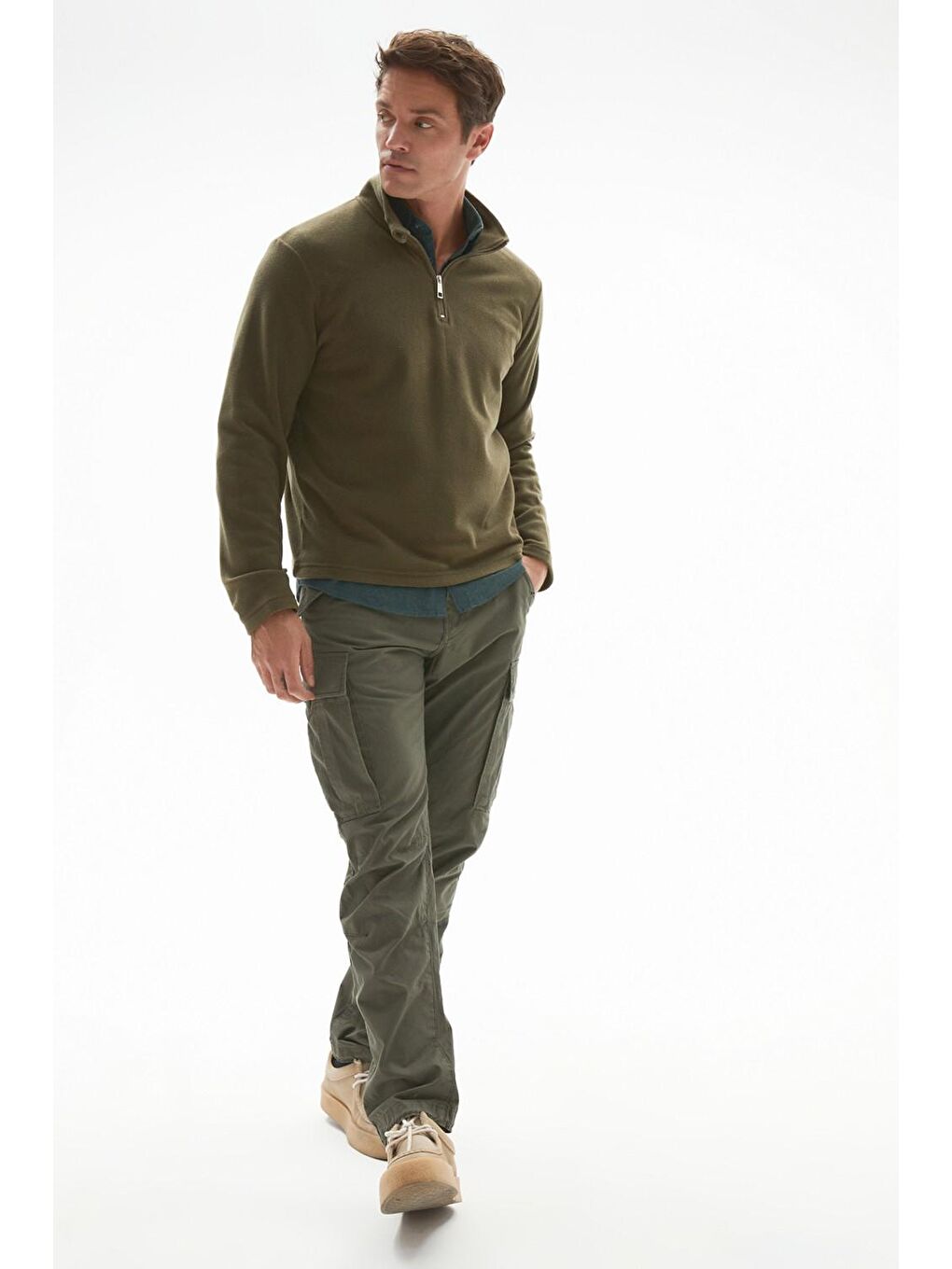 Haki Yarım Fermuarlı Uzun Kollu Polar Erkek Sweatshirt-1