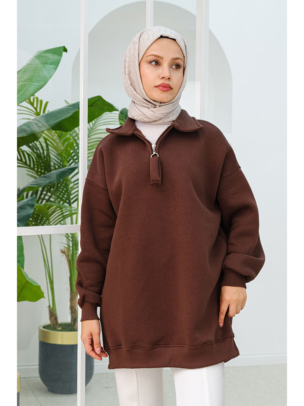 Locco Moda Yarım Fermuar Detay  Sweatshirt Kahverengi - 1