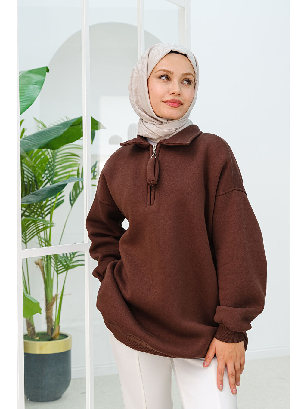 Locco Moda Yarım Fermuar Detay  Sweatshirt Kahverengi - 2