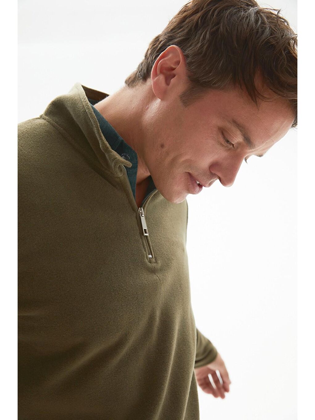 Haki Yarım Fermuarlı Uzun Kollu Polar Erkek Sweatshirt-3
