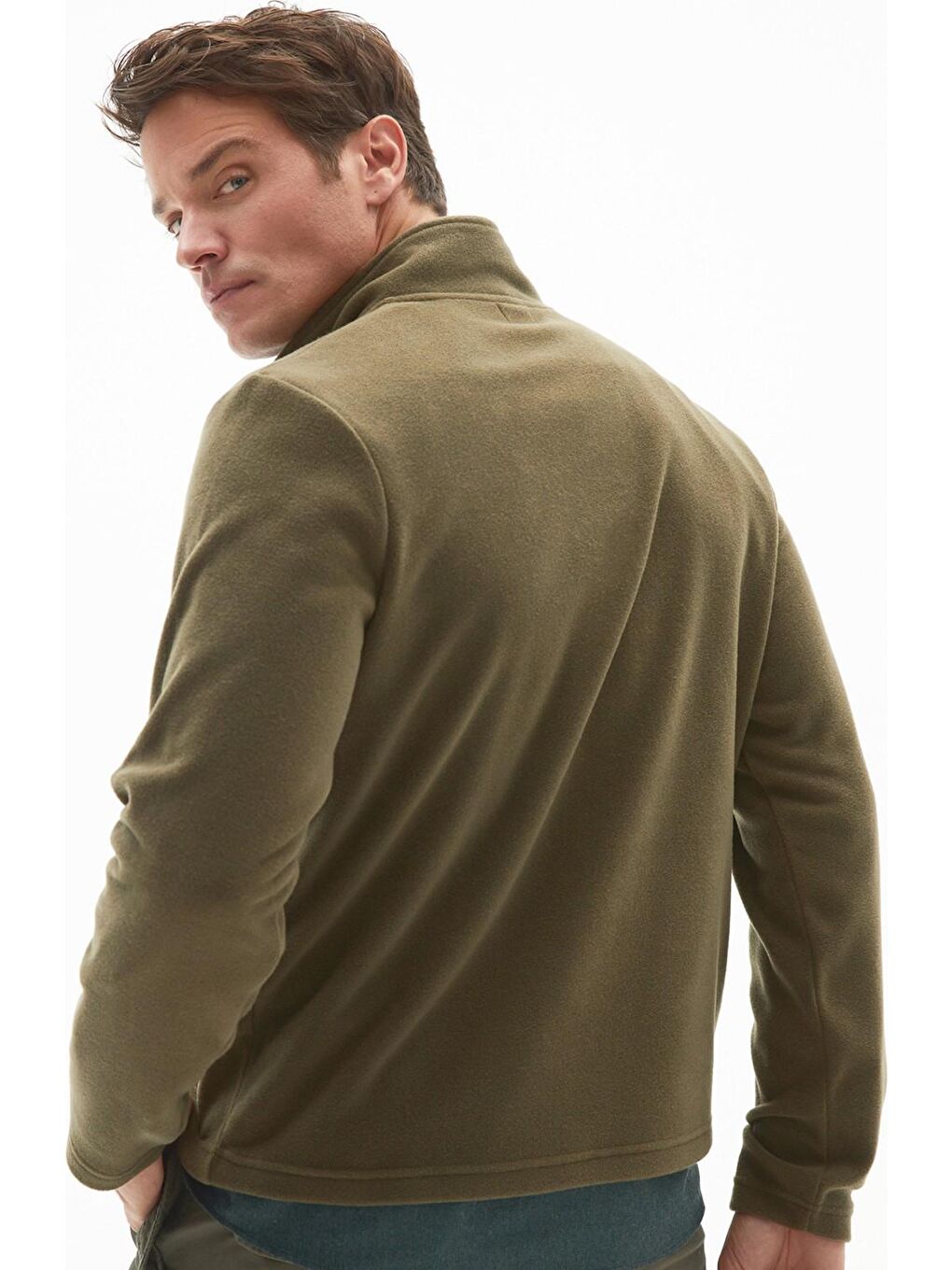 Haki Yarım Fermuarlı Uzun Kollu Polar Erkek Sweatshirt-4