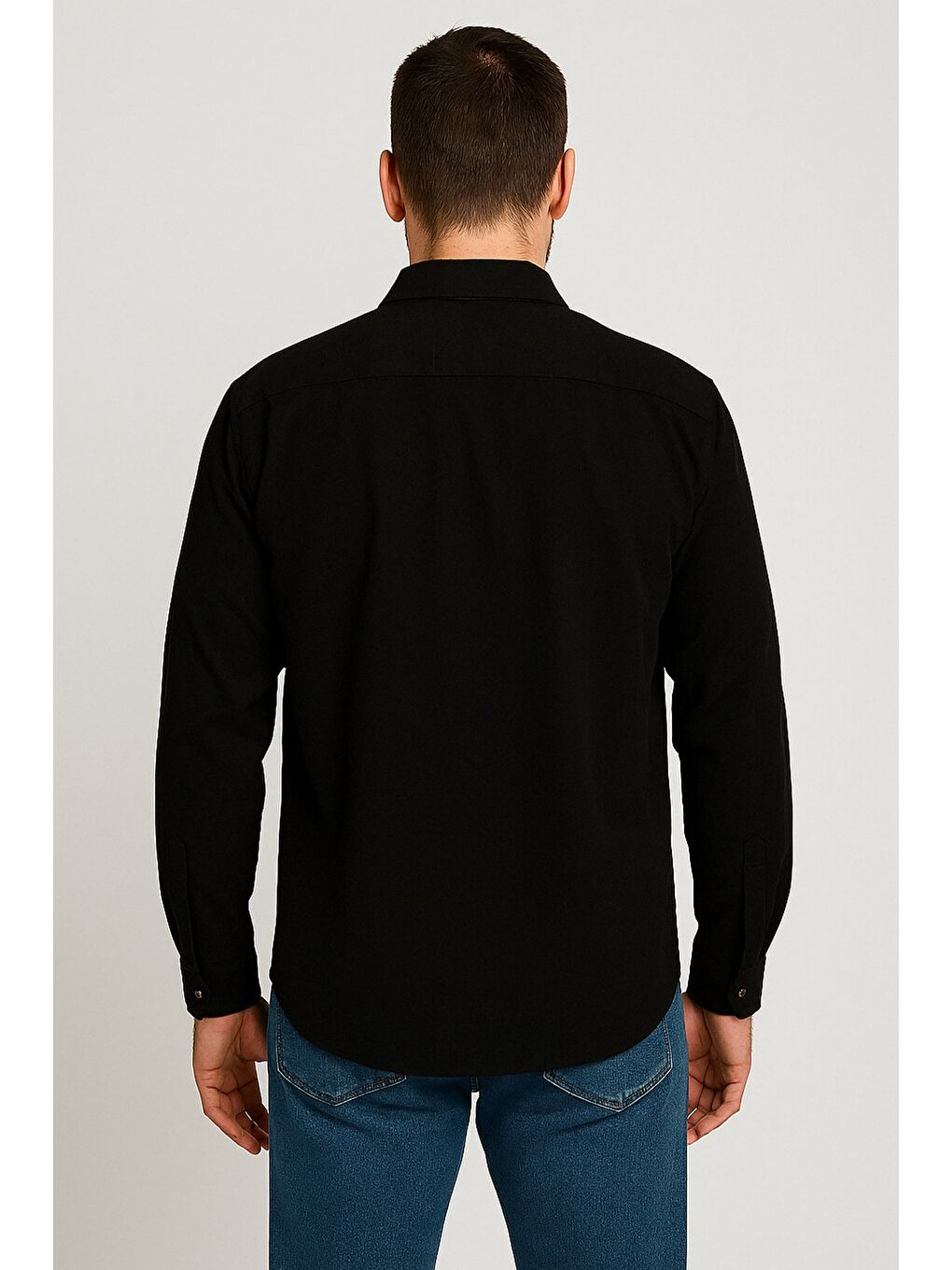 Siyah Çift Cepli Erkek Uzun Kol Gömlek-1