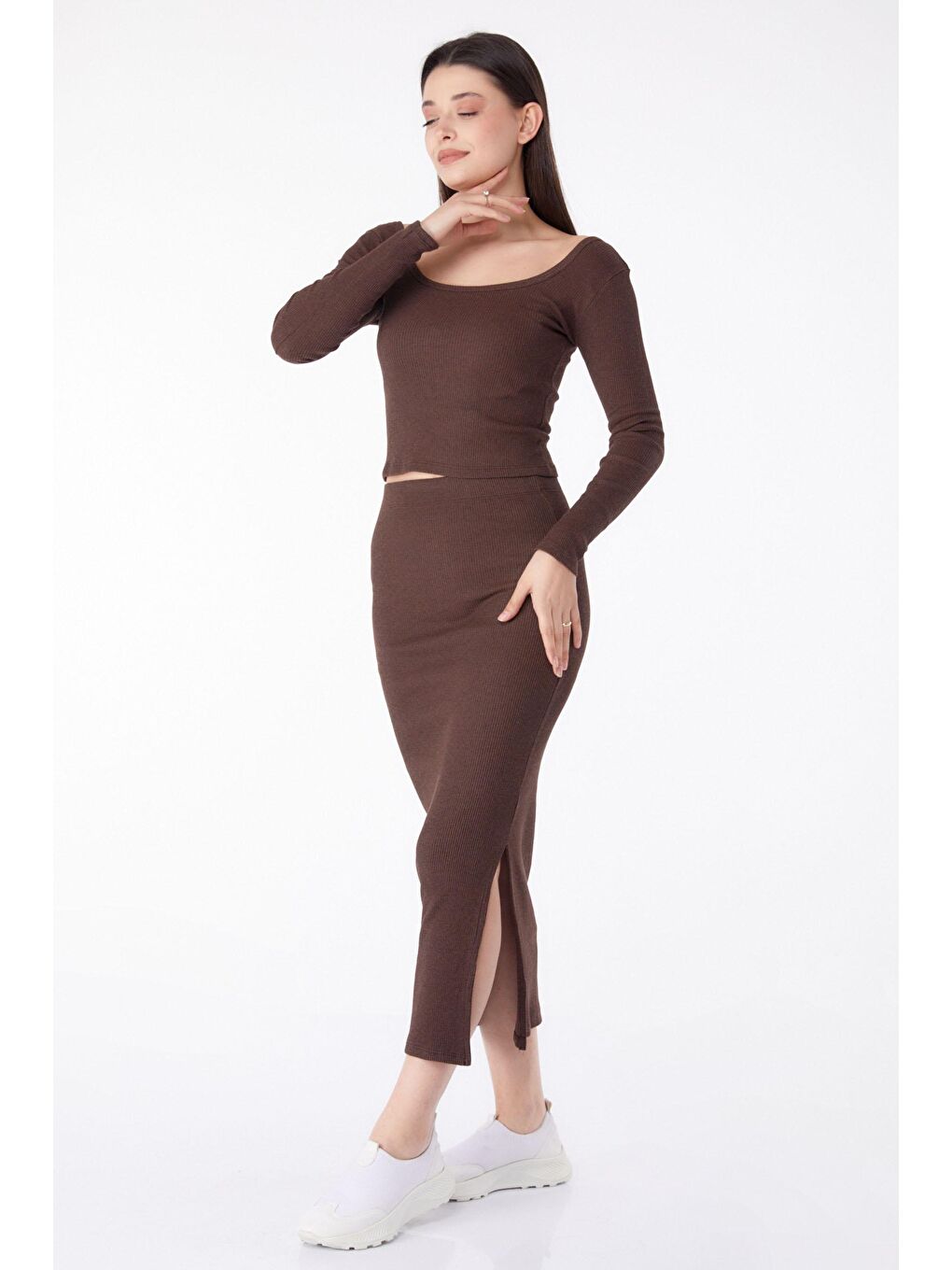 Orta Kadın Kahverengi Uzun Kollu Kaşkorse Takım - 25275-1