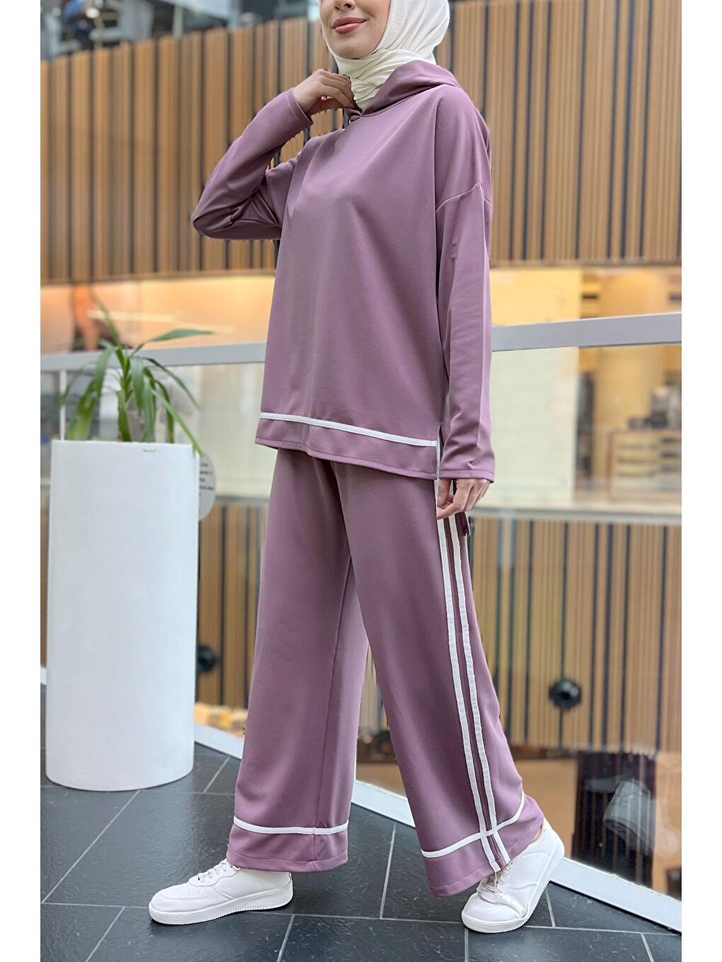Kapüşonlu Yaka Kadın Lila Tunik Pantolon - 11306