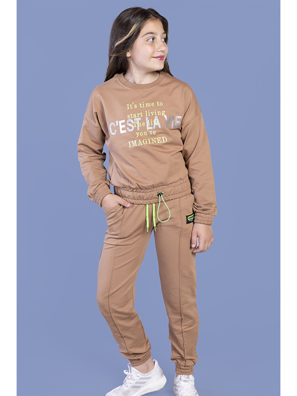 Kahverengi Kız Çocuk Baskılı Beli Lastikli Eşofman Takımı