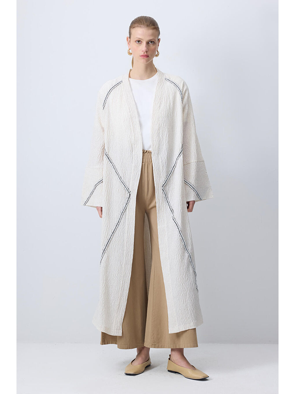 Bej Kontrast Biyeli Gofre Kimono