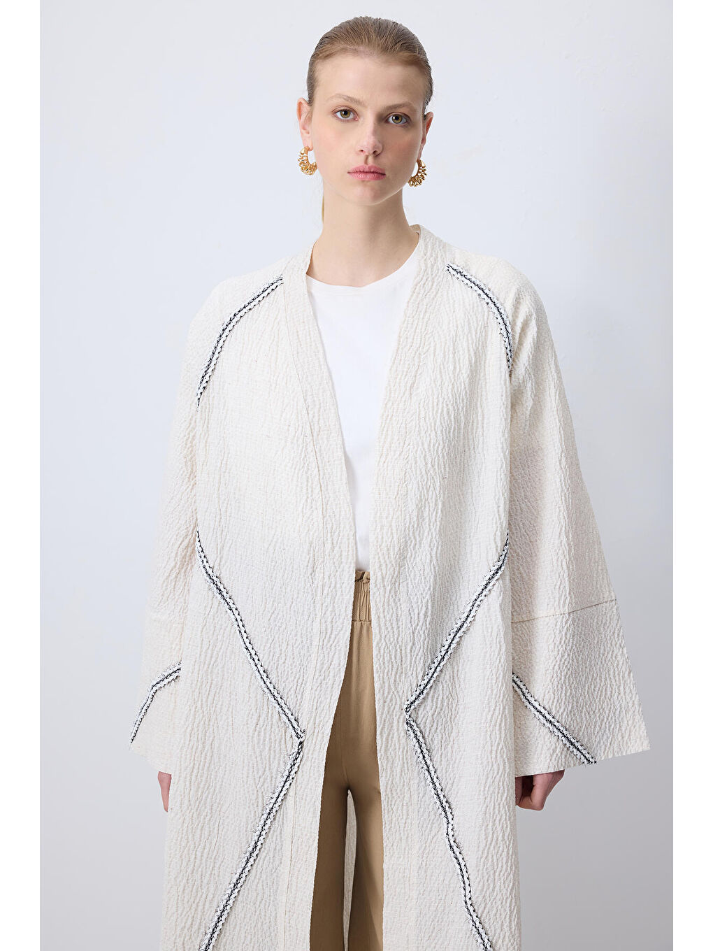 Bej Kontrast Biyeli Gofre Kimono-1