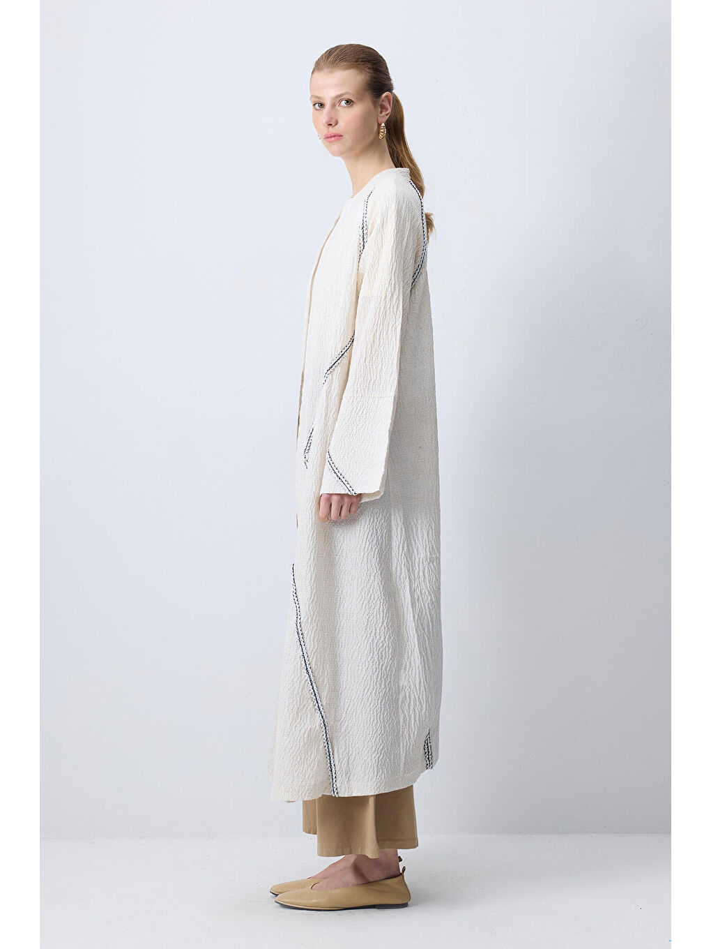 Bej Kontrast Biyeli Gofre Kimono-2