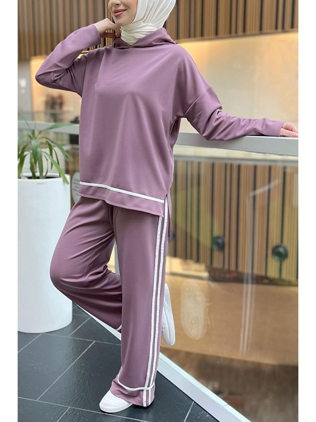 Kapüşonlu Yaka Kadın Lila Tunik Pantolon - 11306-4