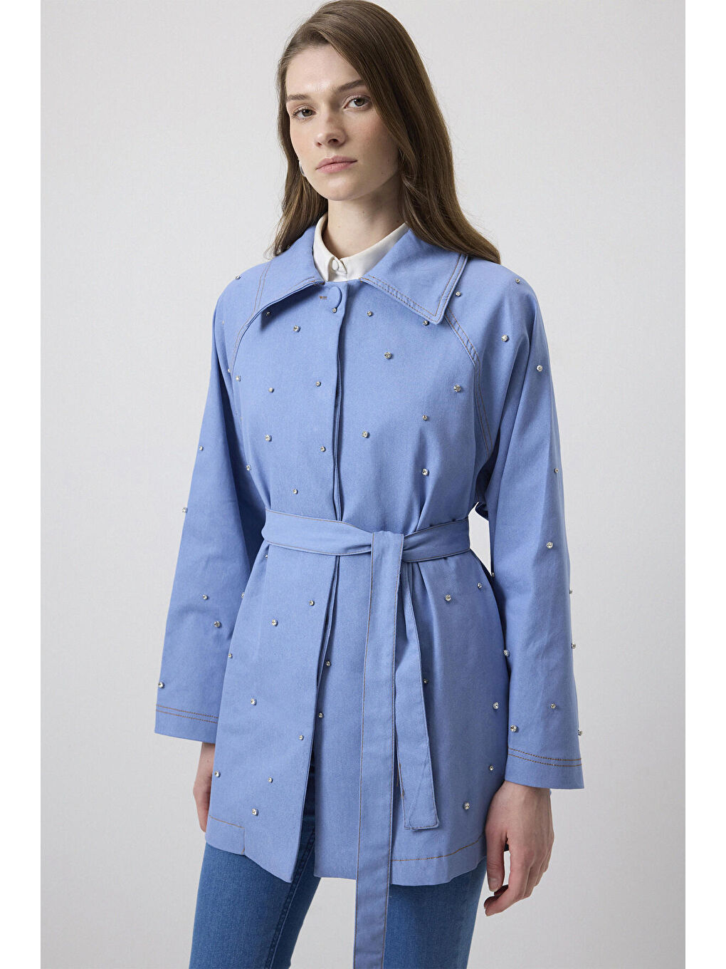 Mavi Taş İşlemeli Oversıze Ceket-1