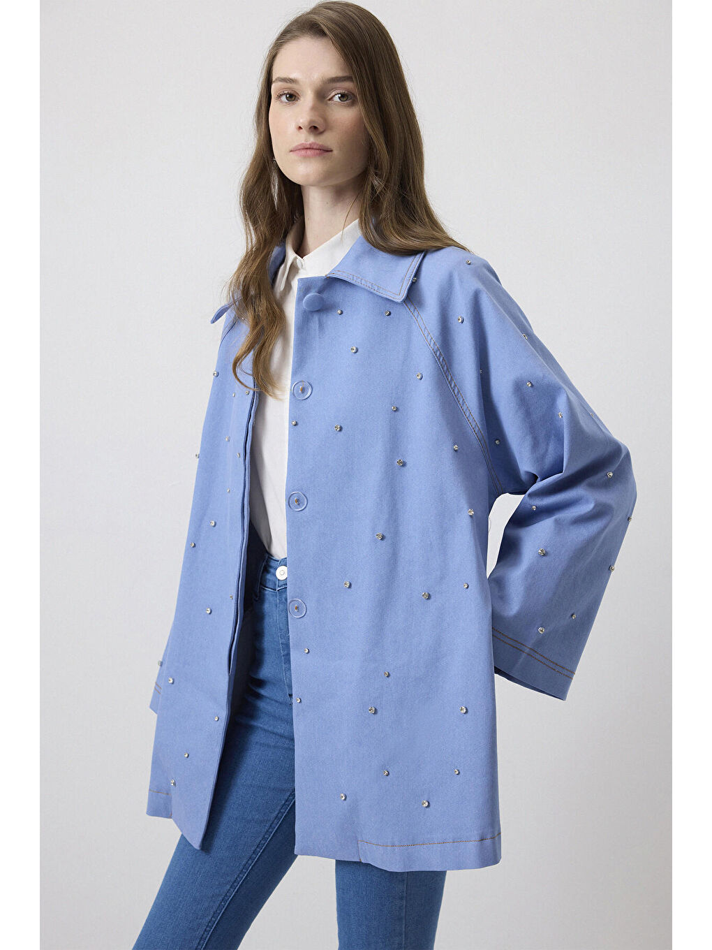 Mavi Taş İşlemeli Oversıze Ceket-2