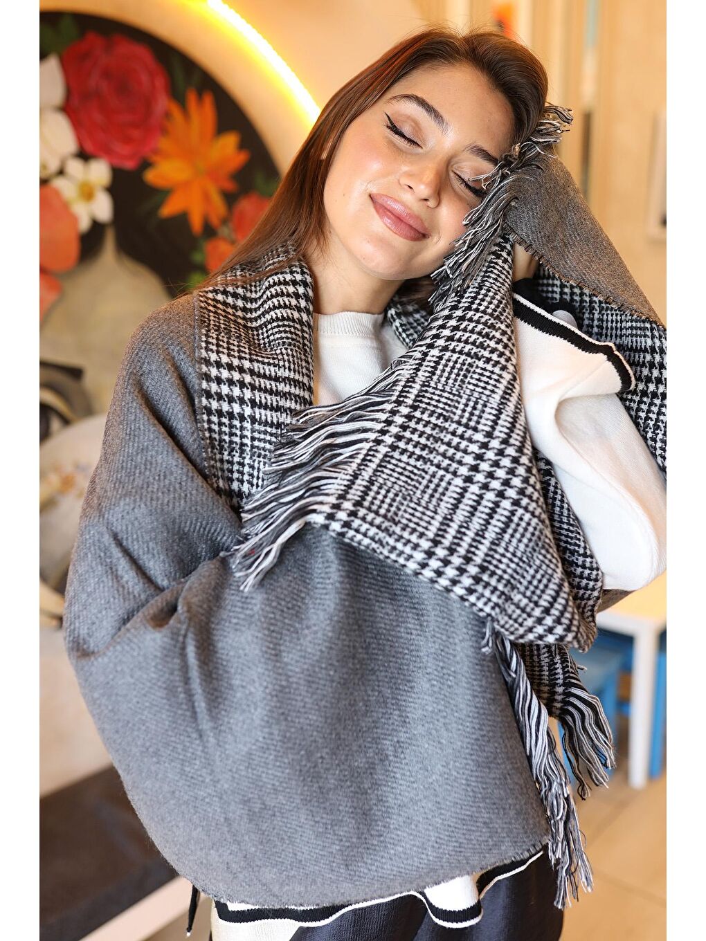 Çift Taraflı Kazayağı Desenli Atkı Omuz Şalı 70X185 cm 1212 Antrasit