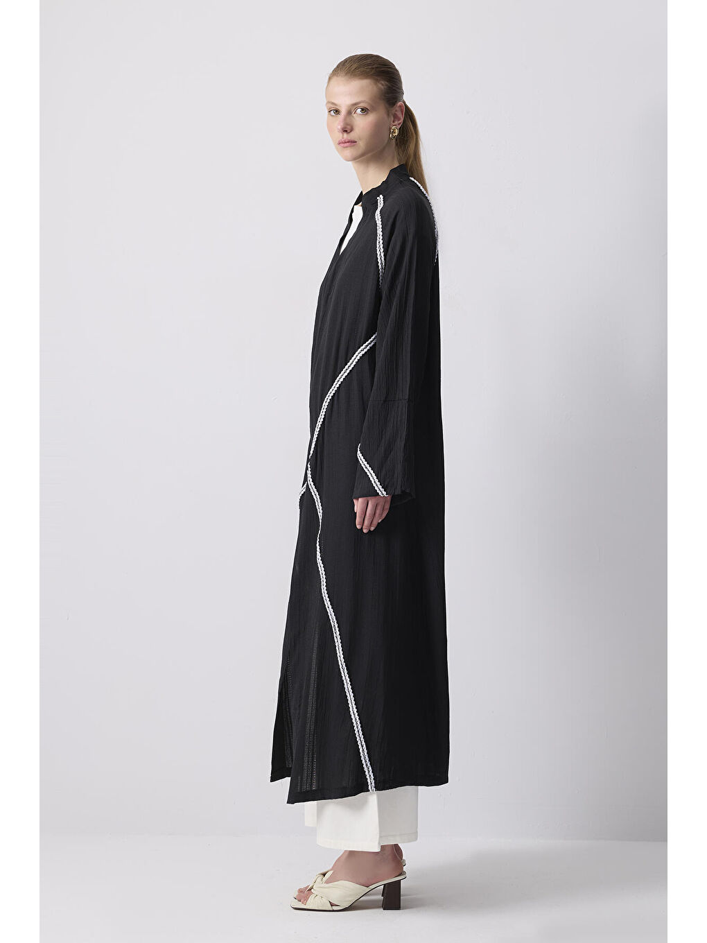 Siyah Kontrast Biyeli Gofre Kimono-2