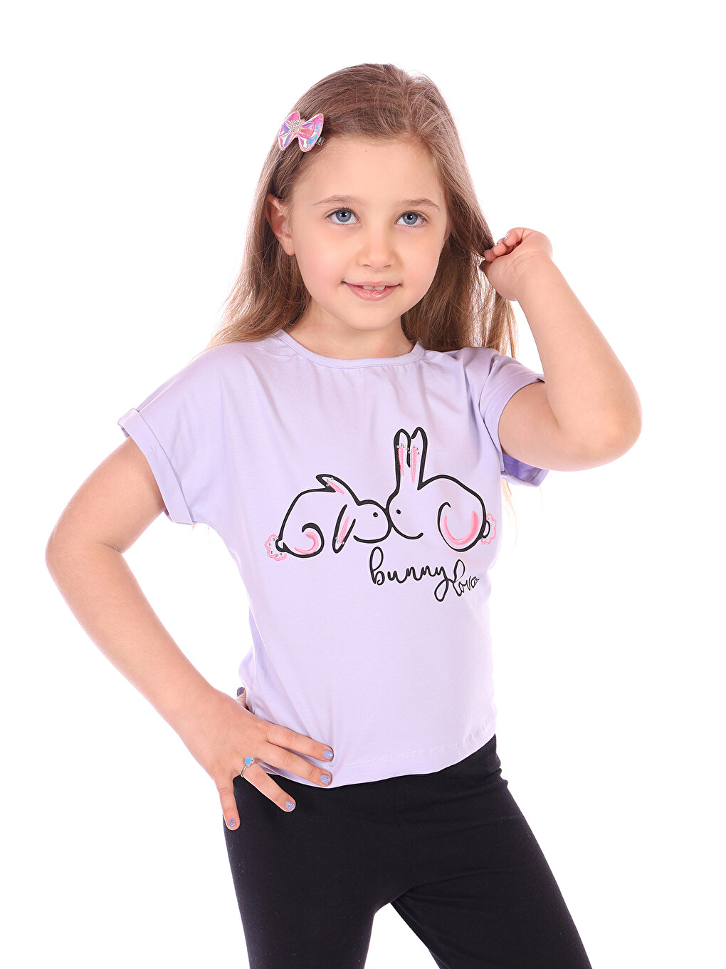 Lila Kız Bebek Tavşan Baskılı Nakışlı Tişört