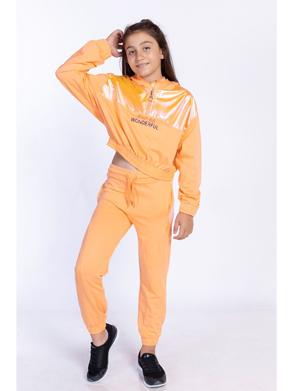 Turuncu Kız Çocuk Hologram Detaylı Eşofman Takımı-3