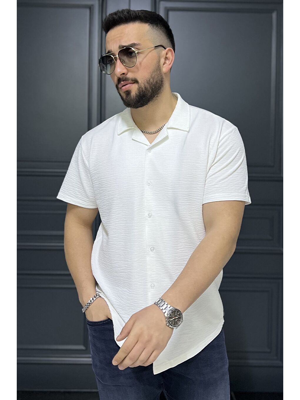 Ekru Kendinden Desenli Erkek Kısa Kol Gömlek