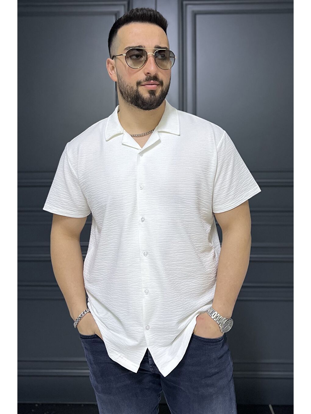 Ekru Kendinden Desenli Erkek Kısa Kol Gömlek-1