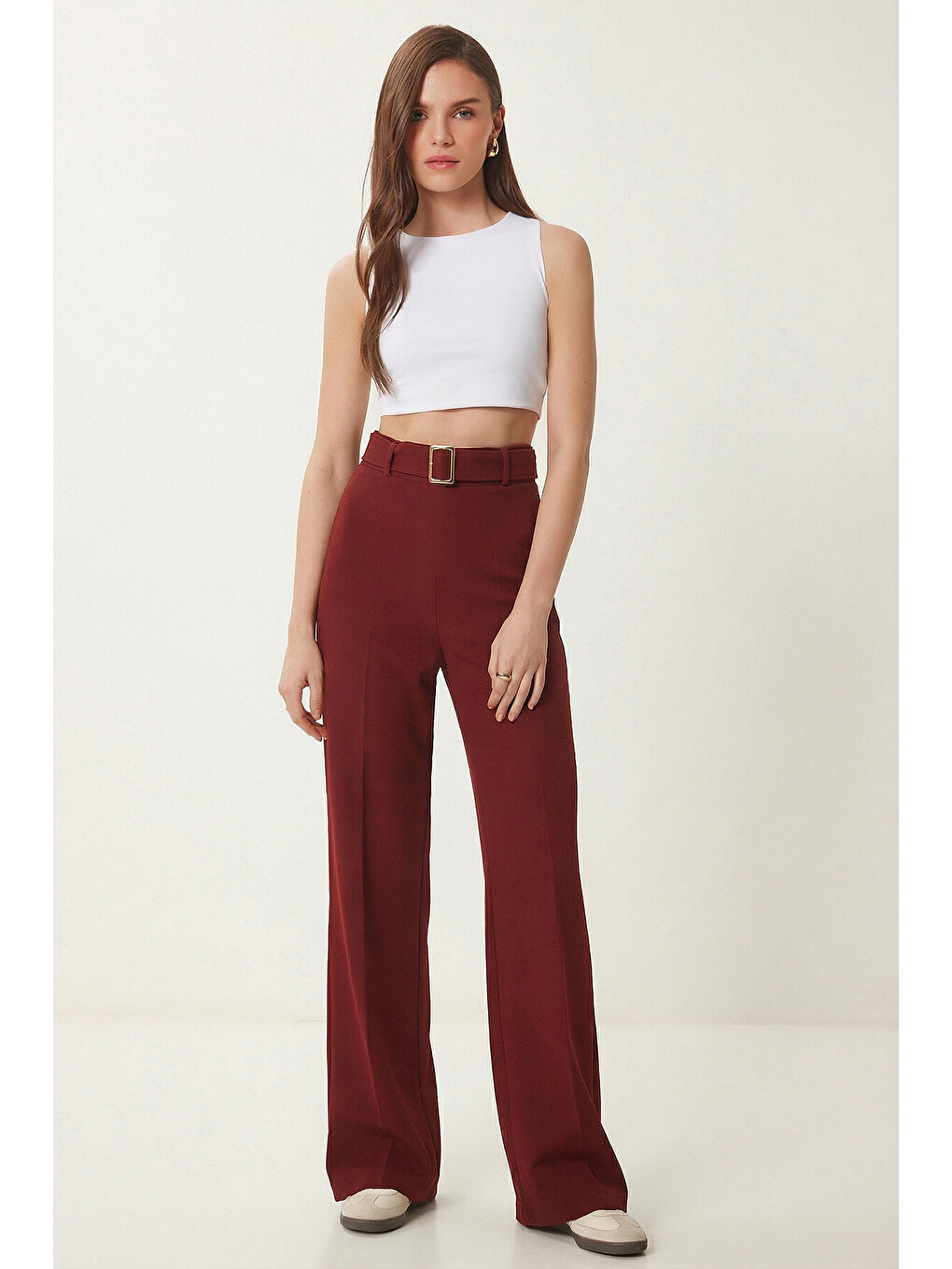 Bordo Kemerli Nervür Detaylı Örme Pantolon BORDO LUB0329