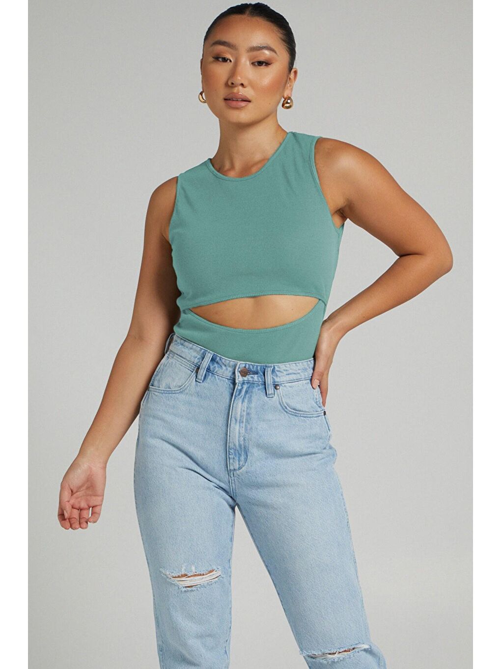 Mint Yeşili Yırtık Detaylı Basic Bodysuit
