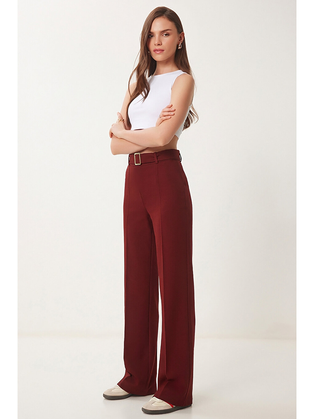Bordo Kemerli Nervür Detaylı Örme Pantolon BORDO LUB0329-1