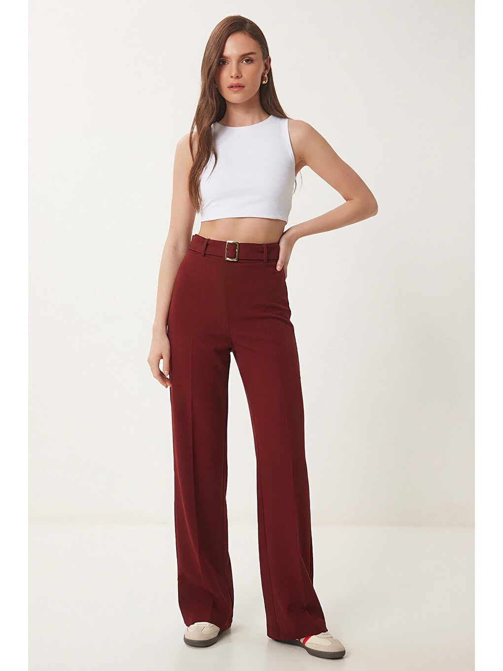 Bordo Kemerli Nervür Detaylı Örme Pantolon BORDO LUB0329-2