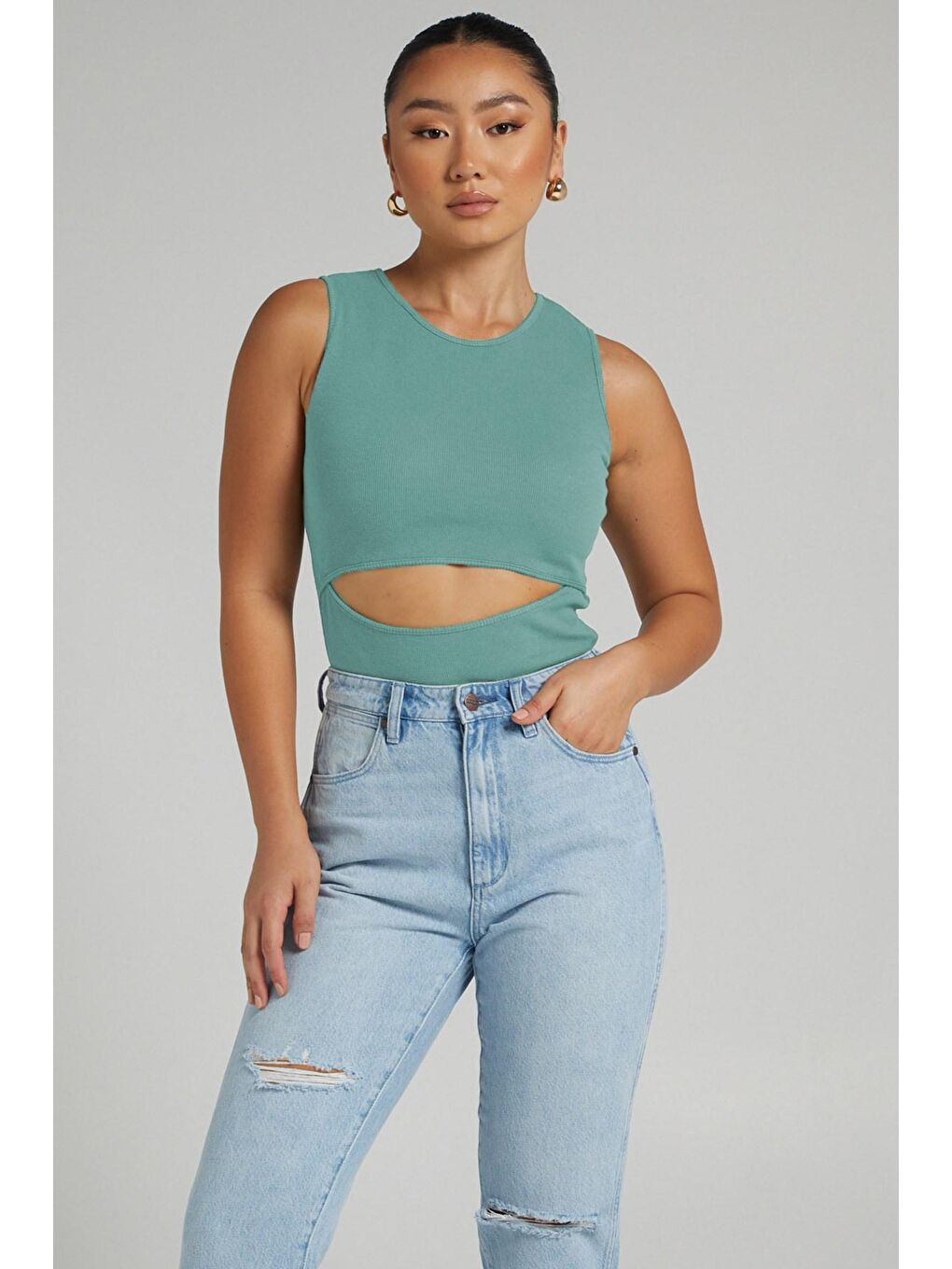 Mint Yeşili Yırtık Detaylı Basic Bodysuit-1