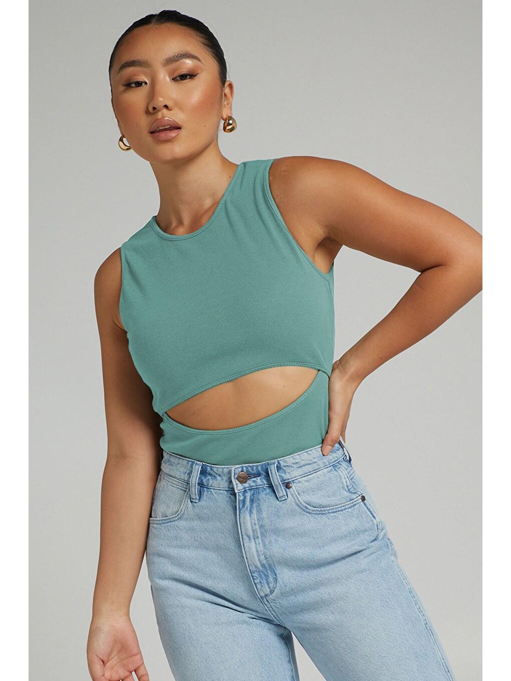 Mint Yeşili Yırtık Detaylı Basic Bodysuit-2