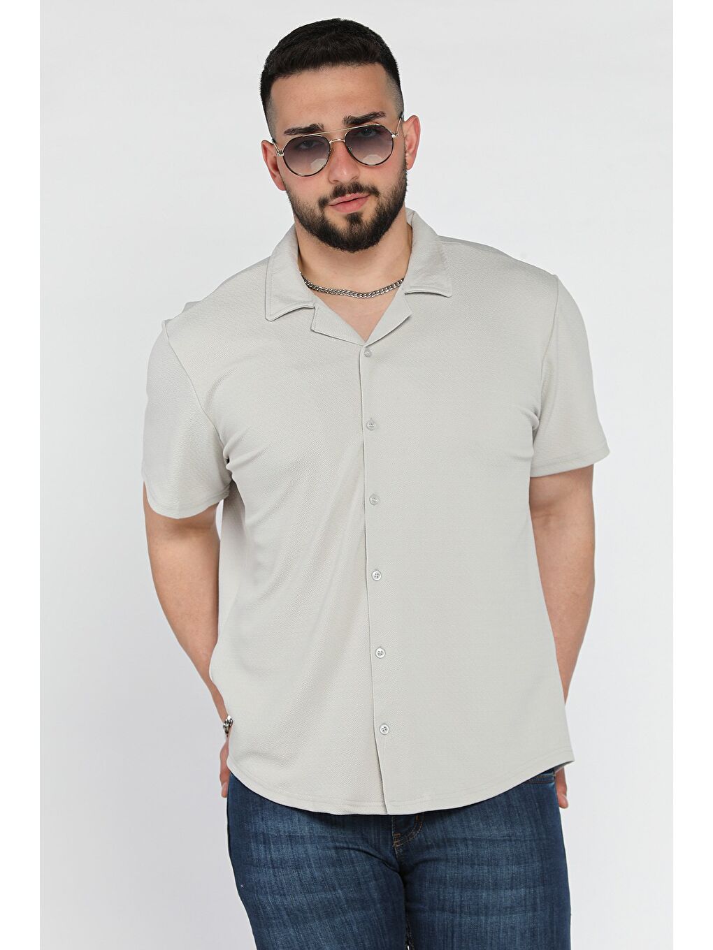 Gri Apaş Yaka Erkek Kısa Kol Gömlek-1