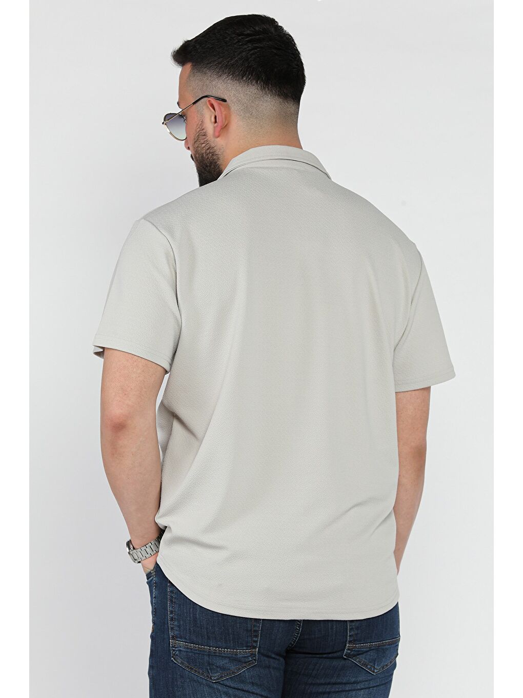 Gri Apaş Yaka Erkek Kısa Kol Gömlek-2