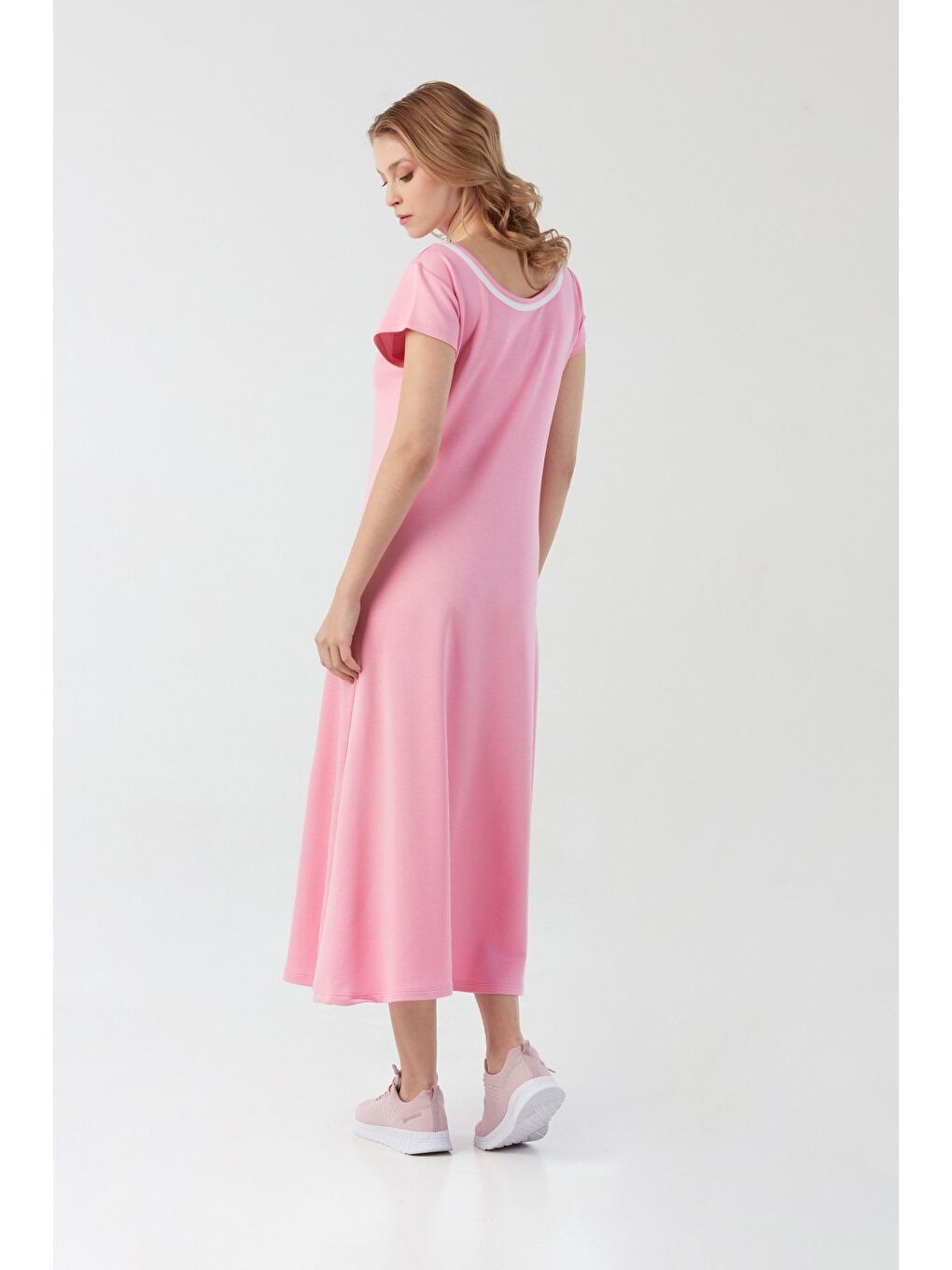 Pembe Basic Oversize Yırtmaçlı Biyeli Penye Elbise-2