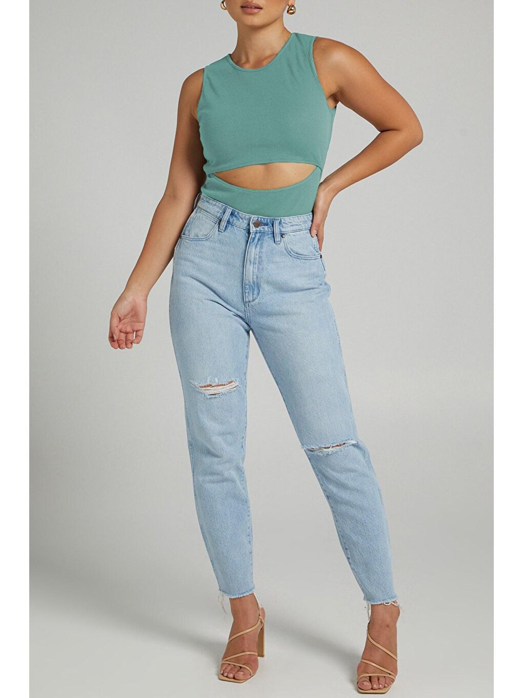 Mint Yeşili Yırtık Detaylı Basic Bodysuit-3