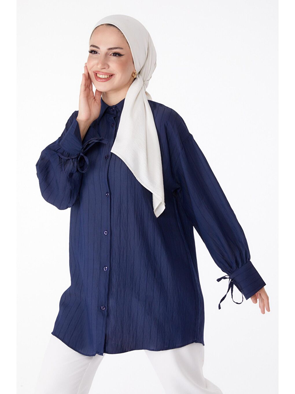 Gömlek Yaka Kadın Lacivert Fitilli Kolları İpli Gömlek - 25307