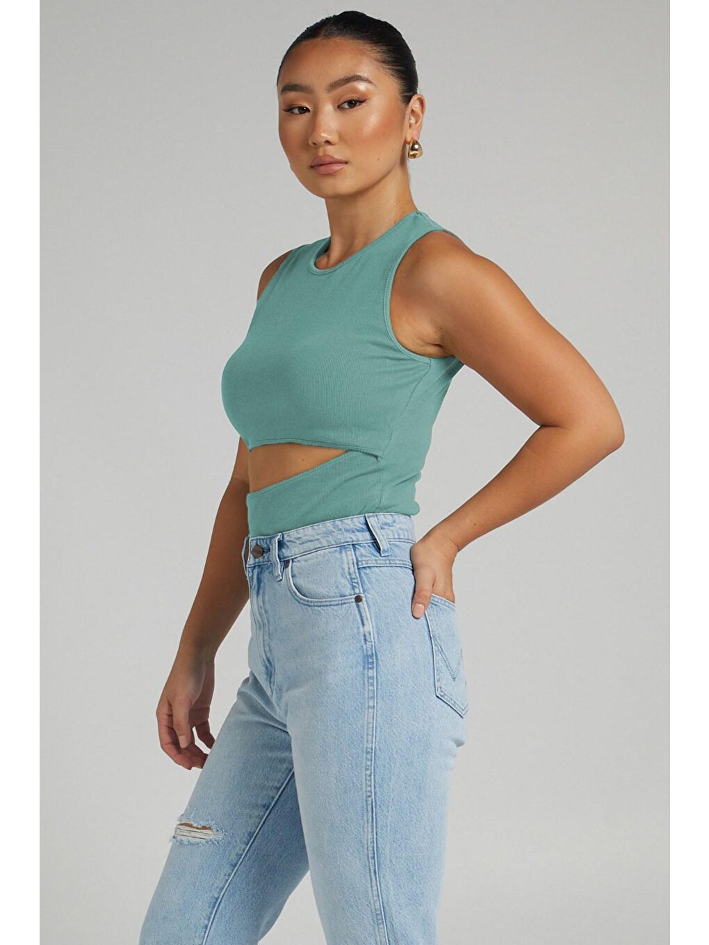 Mint Yeşili Yırtık Detaylı Basic Bodysuit-4