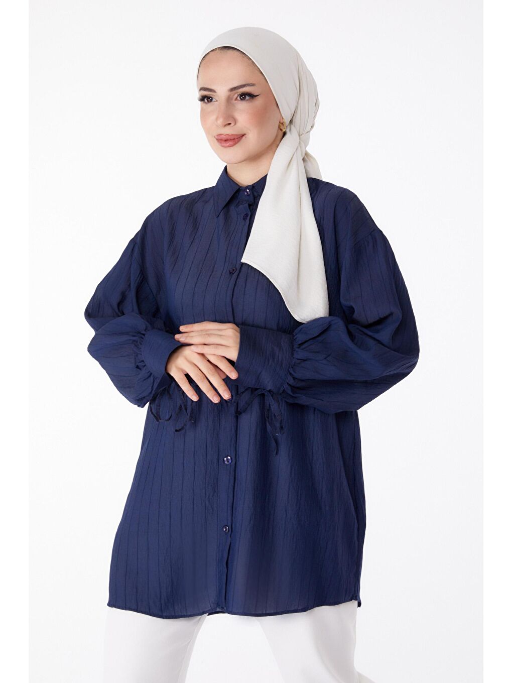 Gömlek Yaka Kadın Lacivert Fitilli Kolları İpli Gömlek - 25307-1