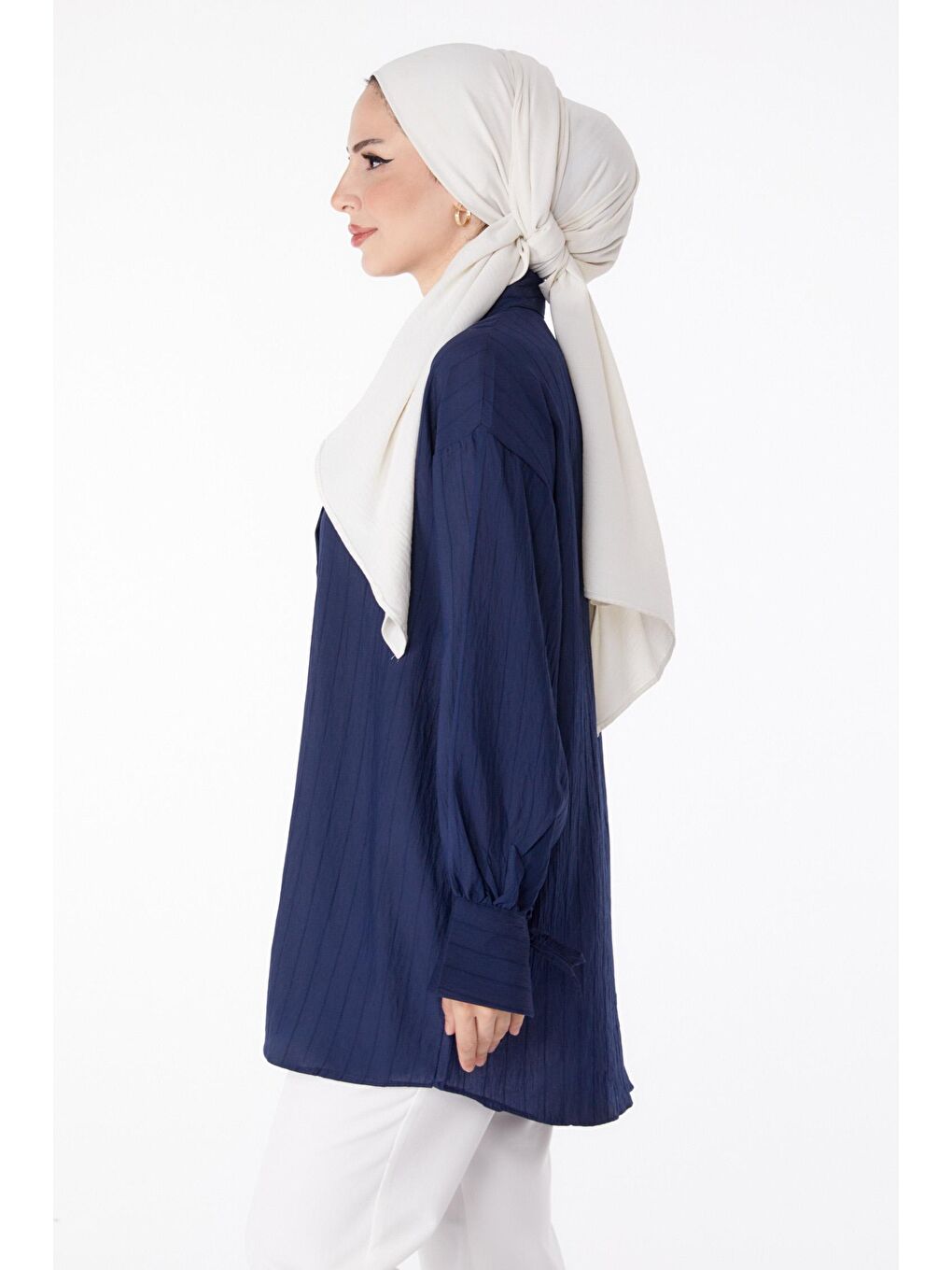 Gömlek Yaka Kadın Lacivert Fitilli Kolları İpli Gömlek - 25307-2