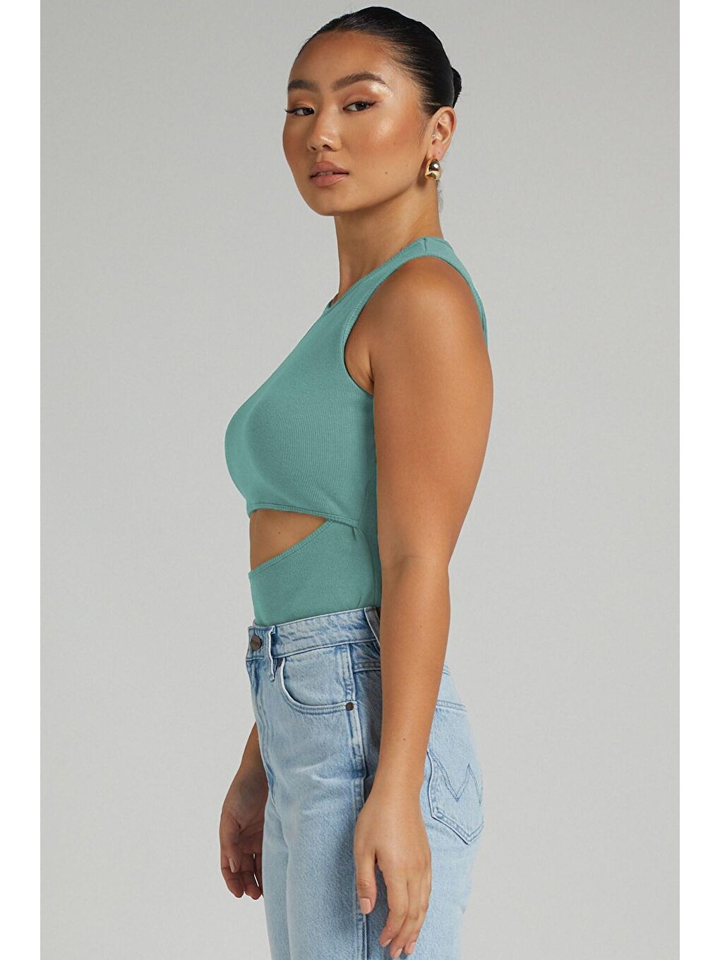 Mint Yeşili Yırtık Detaylı Basic Bodysuit-5