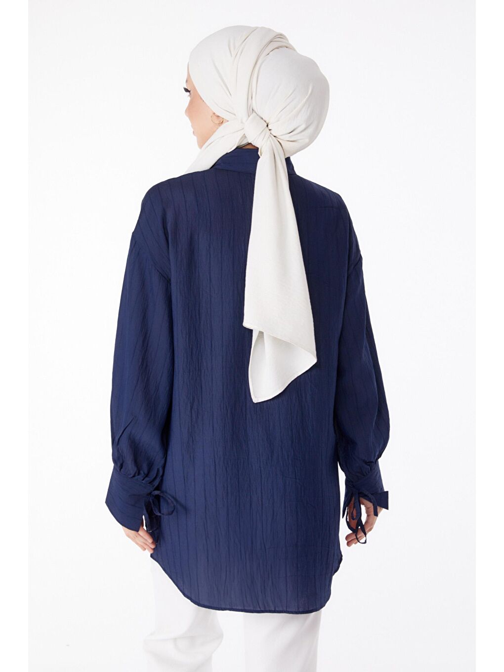 Gömlek Yaka Kadın Lacivert Fitilli Kolları İpli Gömlek - 25307-3