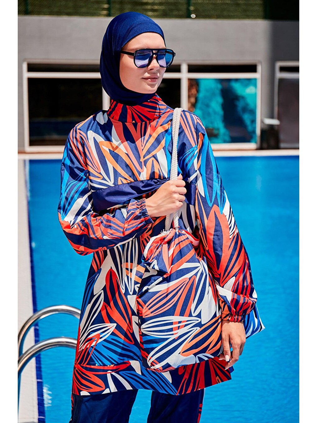 Lacivert Desenli Tam Kapalı Tesettür Mayo R2308-3