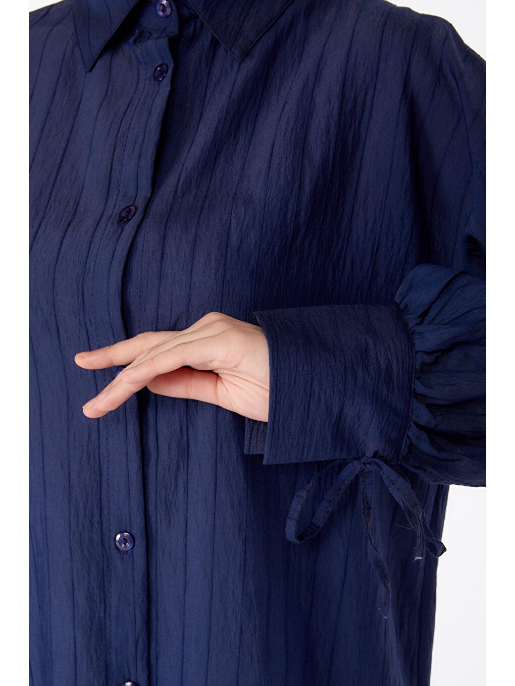 Gömlek Yaka Kadın Lacivert Fitilli Kolları İpli Gömlek - 25307-4