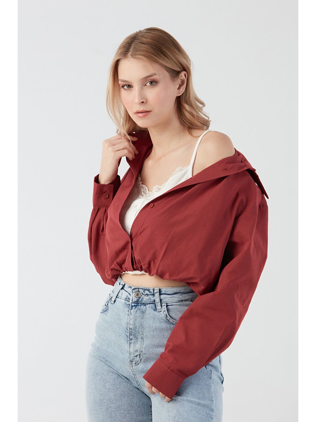 Bordo Basic Body Detaylı Gömlek-1