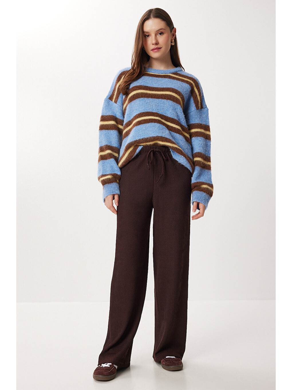 Kahverengi Geniş Paça Krinkıl Örme Pantolon KAHVERENGİ LCI0057-3