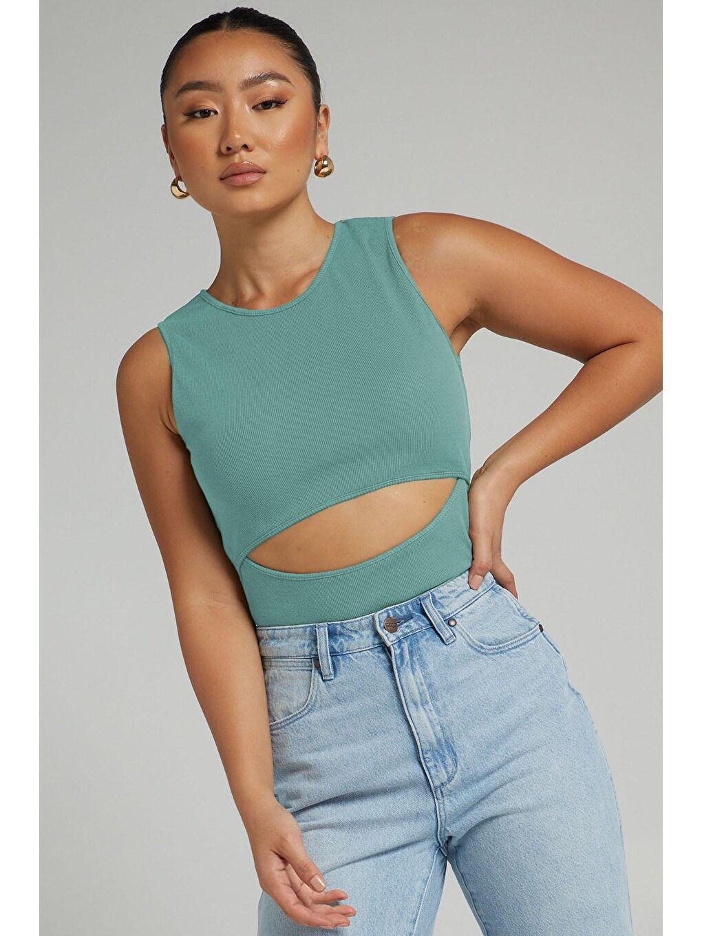 Mint Yeşili Yırtık Detaylı Basic Bodysuit-7